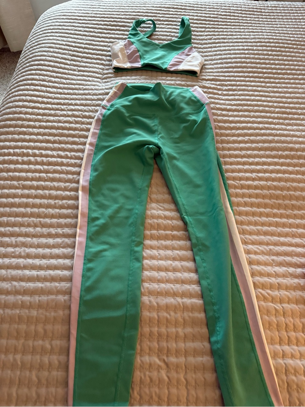 Green Active Leggings and Sports Bra Set - with purple and white chic detail